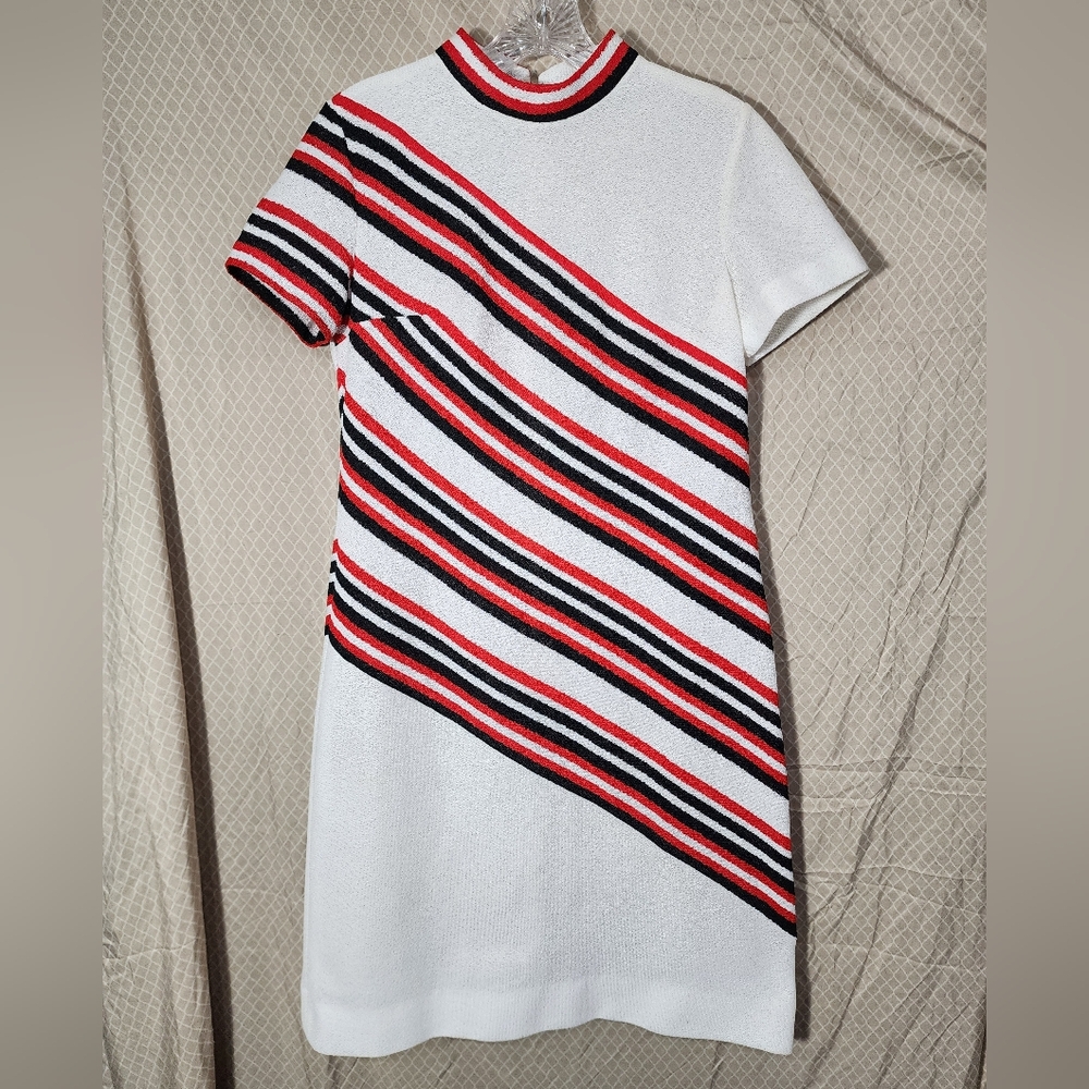 R&K Knits Vintage 70s Striped Red, White, Black Midi Dress Small